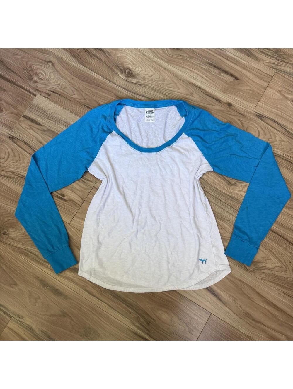 PINK Victoria's Secret Raglan Baseball Tee L White Blue Colorblock Long Sleeve